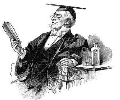 Woodcut print of an aloof academic in full regalia reading a book