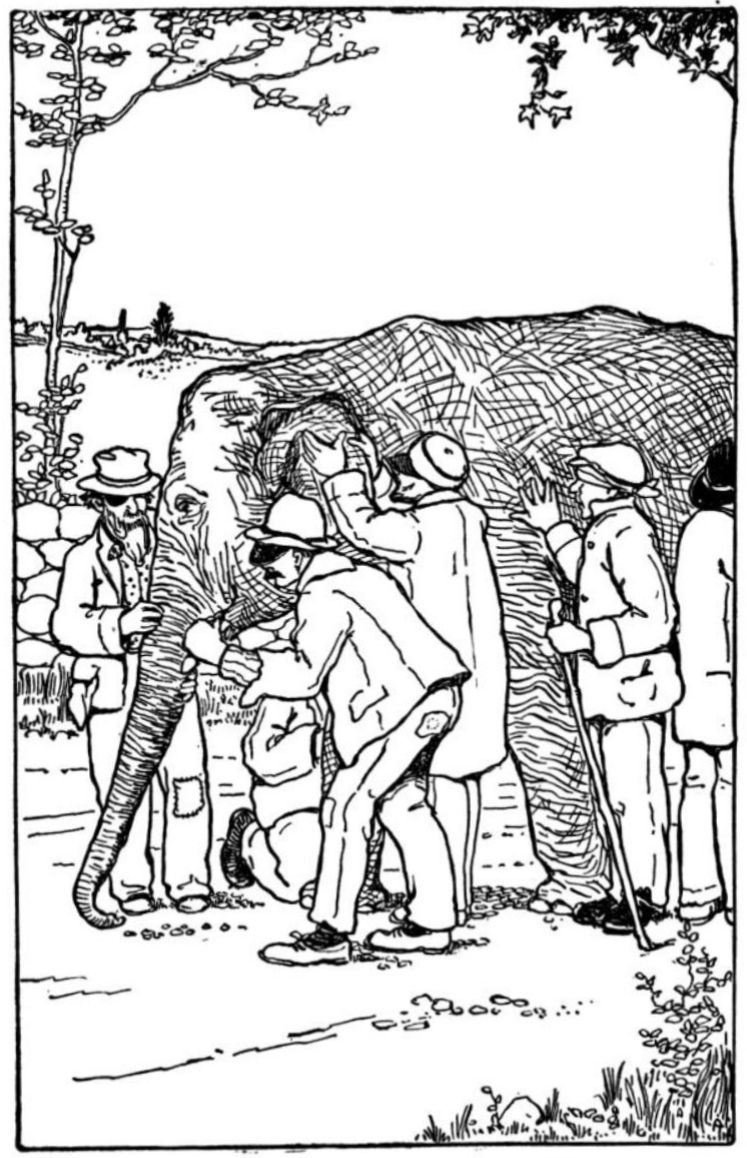 line drawing of an elephant. There are six people standing around the elephant, all wearing blindfolds. They are feeling different parts of the elephant.
