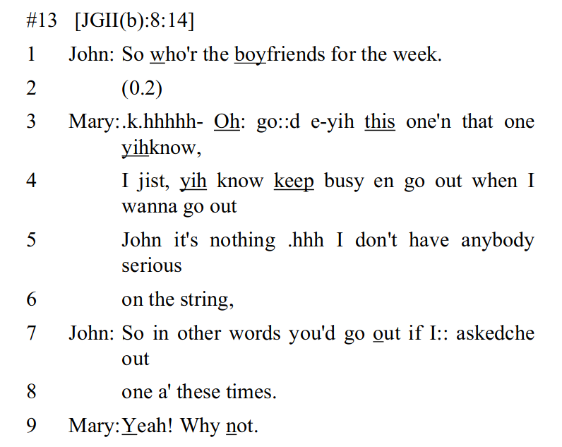 Text screenshot of conversation analysis. Text reads: 
#13 [JGII(b):8:14] 
1 John: So who'r the boyfriends for the week. 
2 (0.2) 
3 Mary:.k.hhhhh- Oh: go::d e-yih this one'n that one yihknow, 
4 I jist, yih know keep busy en go out when I wanna go out 
5 John it's nothing .hhh I don't have anybody serious 
6 on the string, 
7 John: So in other words you'd go out if I:: askedche out 
8 one a' these times. 
9 Mary:Yeah! Why not.

