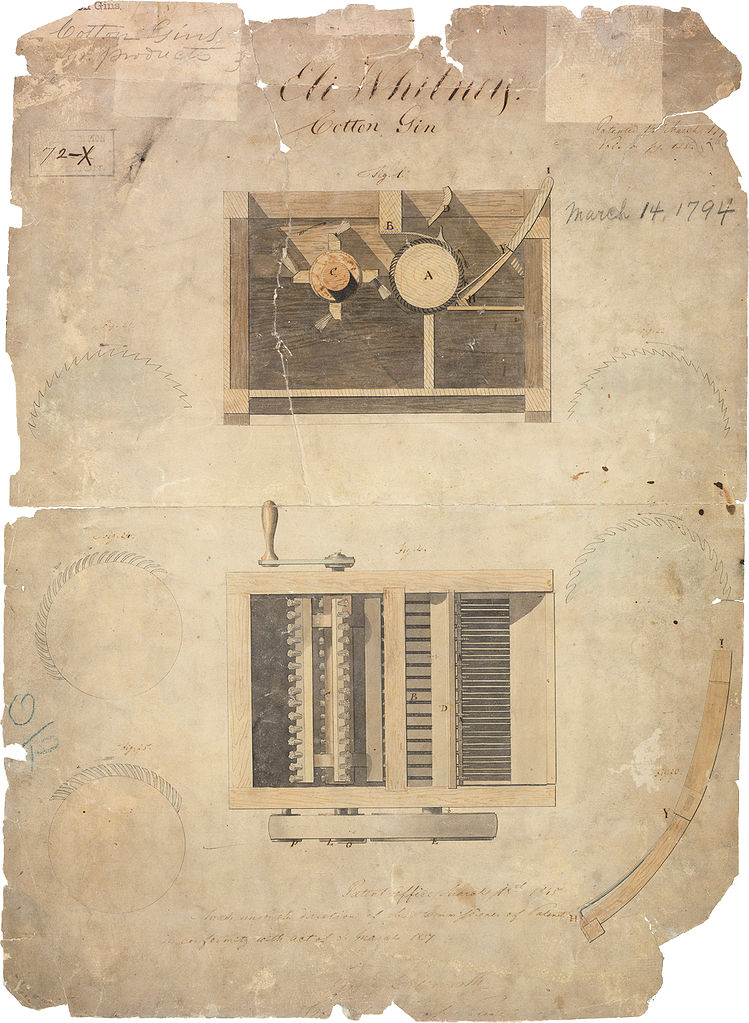 An old and weathered document, showing two 18th-century schematic drawings of a cotton gin.
