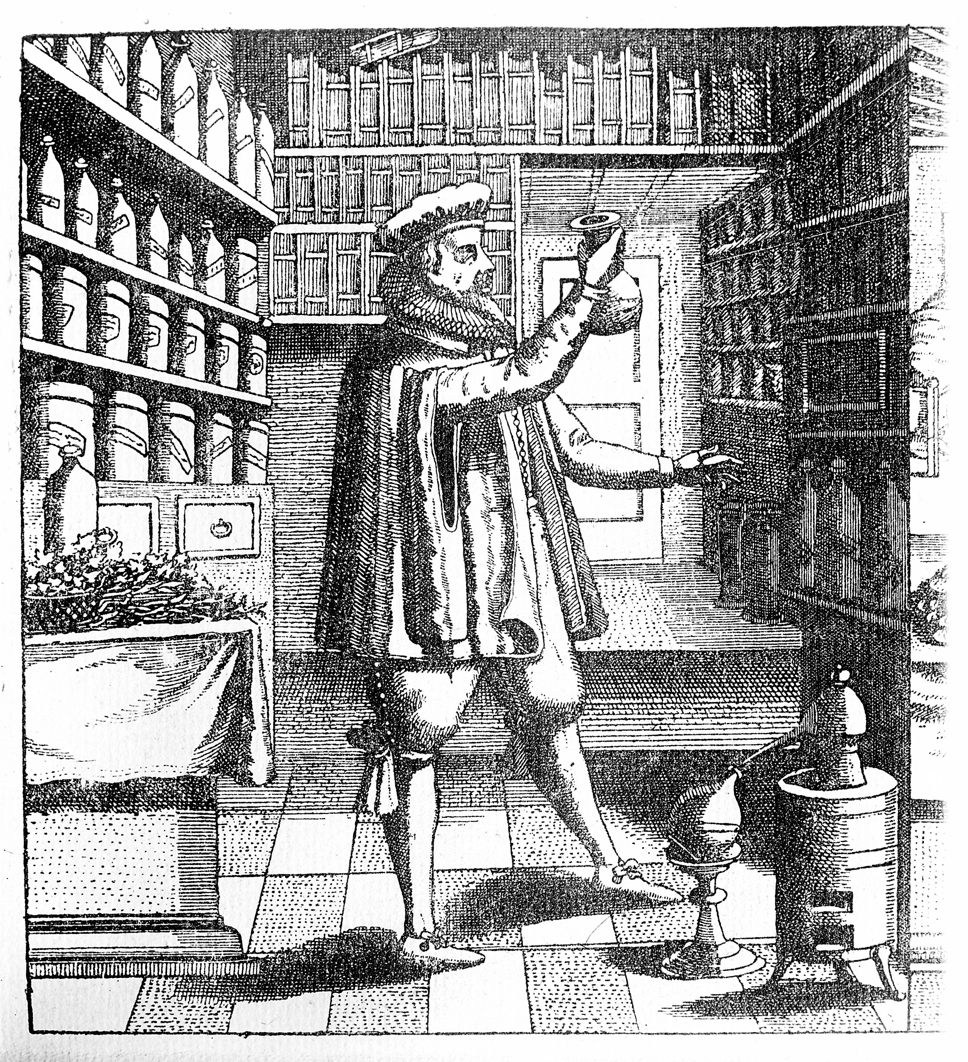 Woodcut print of an apothocary in Renaissance garb examining a vial