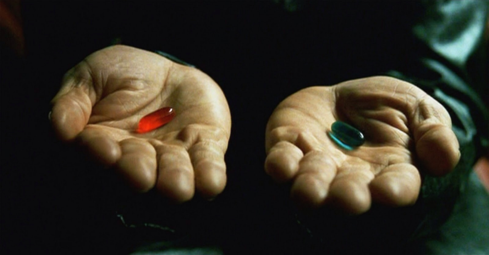 two hands outstretched, one offering a red pill and the other offering a blue pill