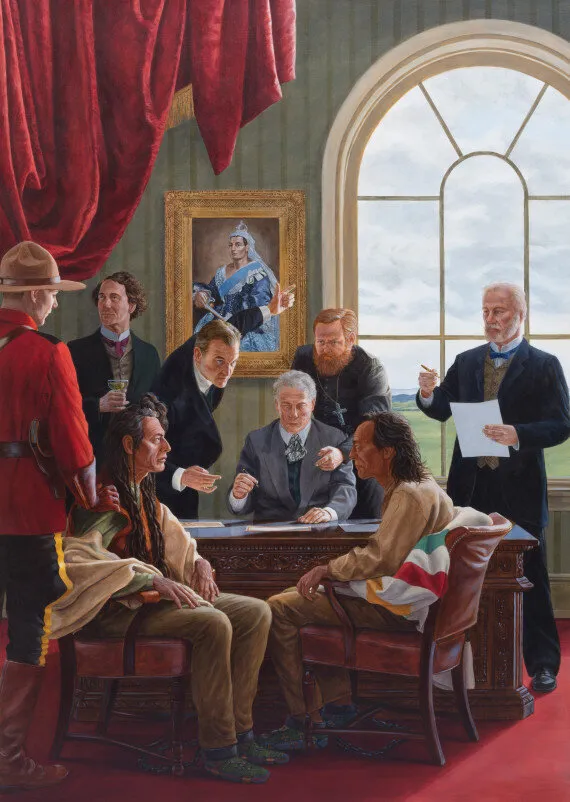 2016 painting by Kent Monkman titled 'The Subjugation of Truth.' Two First-nations men sit at a desk in a European style government office, looking into each others' eyes. Many white men are signing contracts and treaties. A formally dressed Canadian mountie is holding one of the First-nations men in his chair by the shoulder.