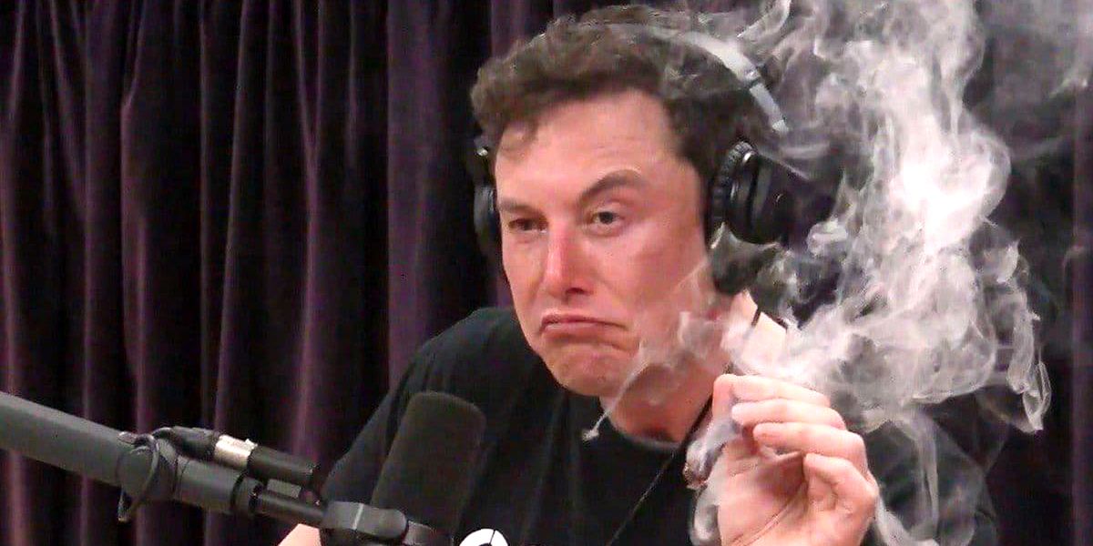 Elon Musk in a radio studio smoking a joint, looking like he's about to make some sort of point