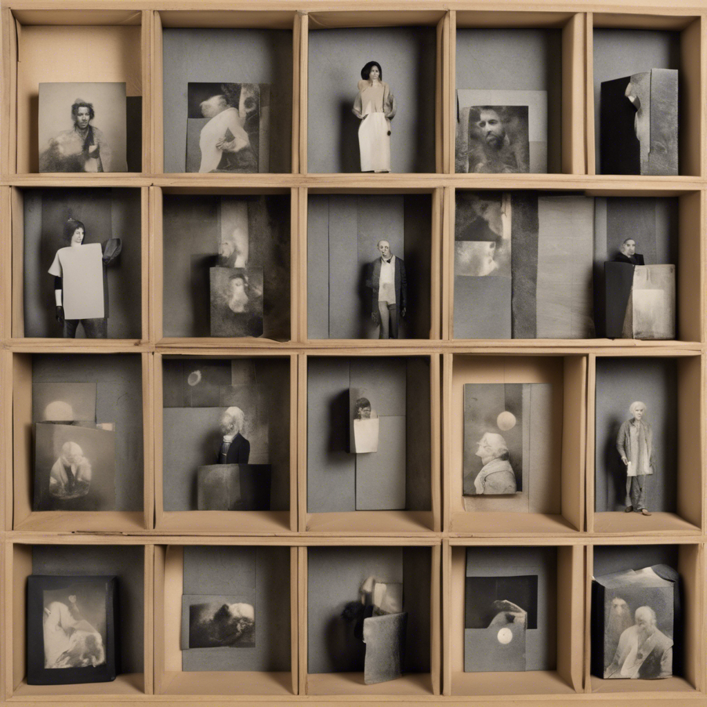 A five-by-five grid of small wooden boxes, each of which contains a slightly surreal or ephemeral black-and-white photo or figurine of a person.