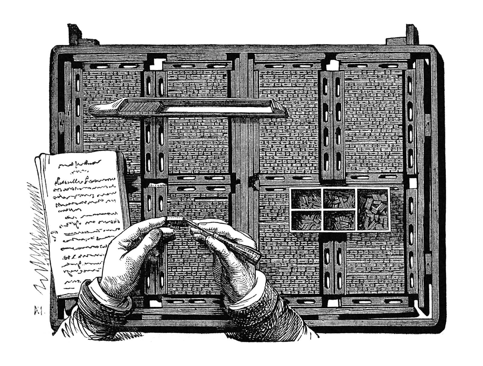 a woodcut of two hands working on a typesetting press