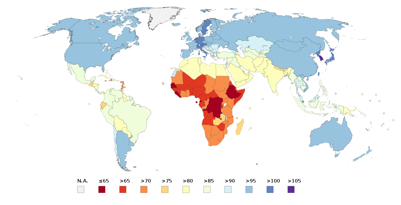 A map of the world, with countries allegedly colored by 'IQ'. North Ameria and Europe are indicated with high IQ, while Africa, Central/South America, and the Middle East are idicated with low IQ. This is an example of racist science.