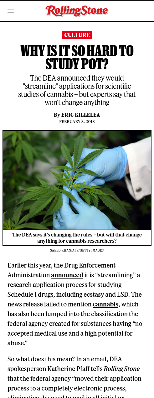 screenshot of a Rolling Stone article titled 'Why is it so hard to study pot?'