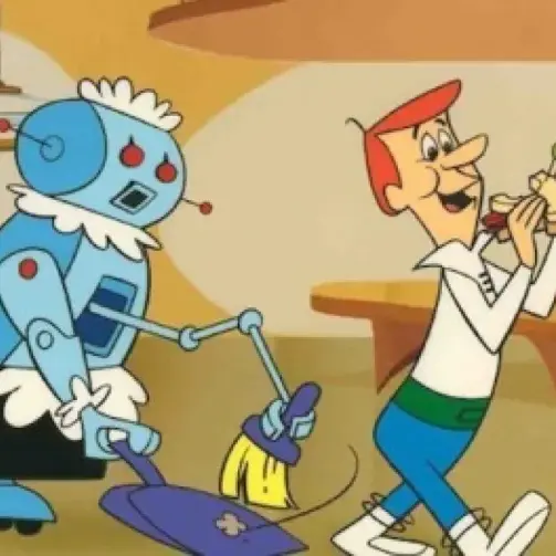 Cartoon frame from the Jetsons depicting a robot (Rosie) following a man (George) who is eating a sandwich. The robot is sweeping up crumbs the man drops as he walks.