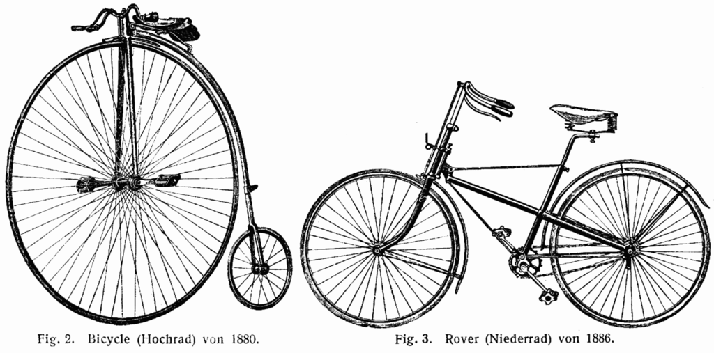 Diagram of two bicycles: a large 'pennyfarthing' on the left, and a more standard 'safety bicycle' on the right.