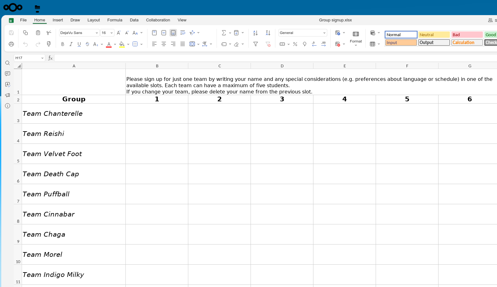 Screenshot of Microsoft Teams, showing the embedded "Group sign-up" tab