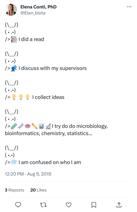 Tweet by @Elen_biota. A list illustrated with emoji rabbits: I did a read - I discuss with my supervisors - I collect ideas - I try do do microbiology, bioinformatics, chemistry, statistics... - I am confused on who I am