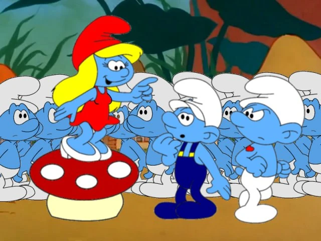 Frame from the Smurfs showing smurfette standing on a toadstool while all the other smurfs look at her with a variety of facial expressions.