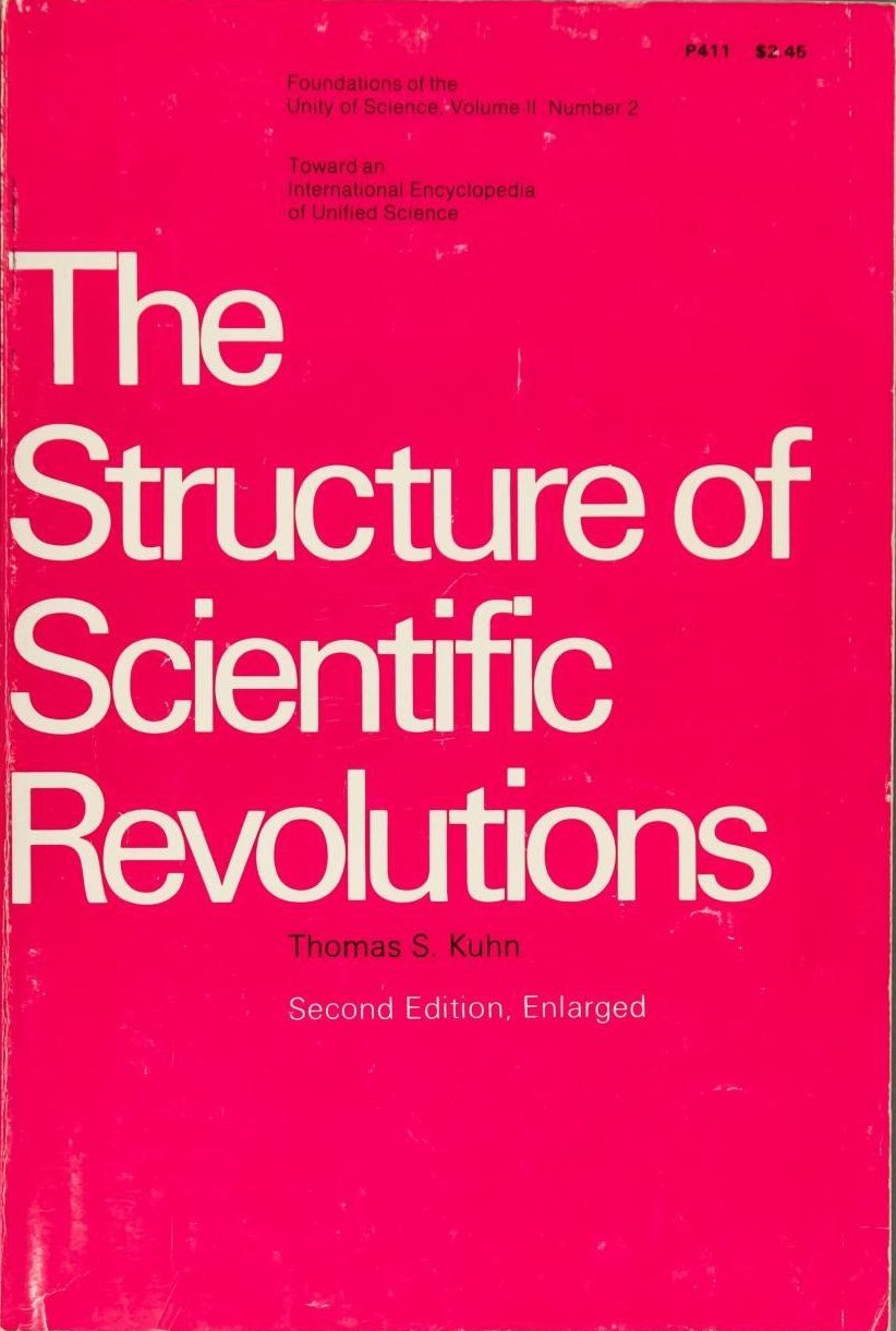 A book cover. Flat red with large white text reading 'The structure of scientific revolutions' and small black text reading 'Thomas S. Kuhn'.
