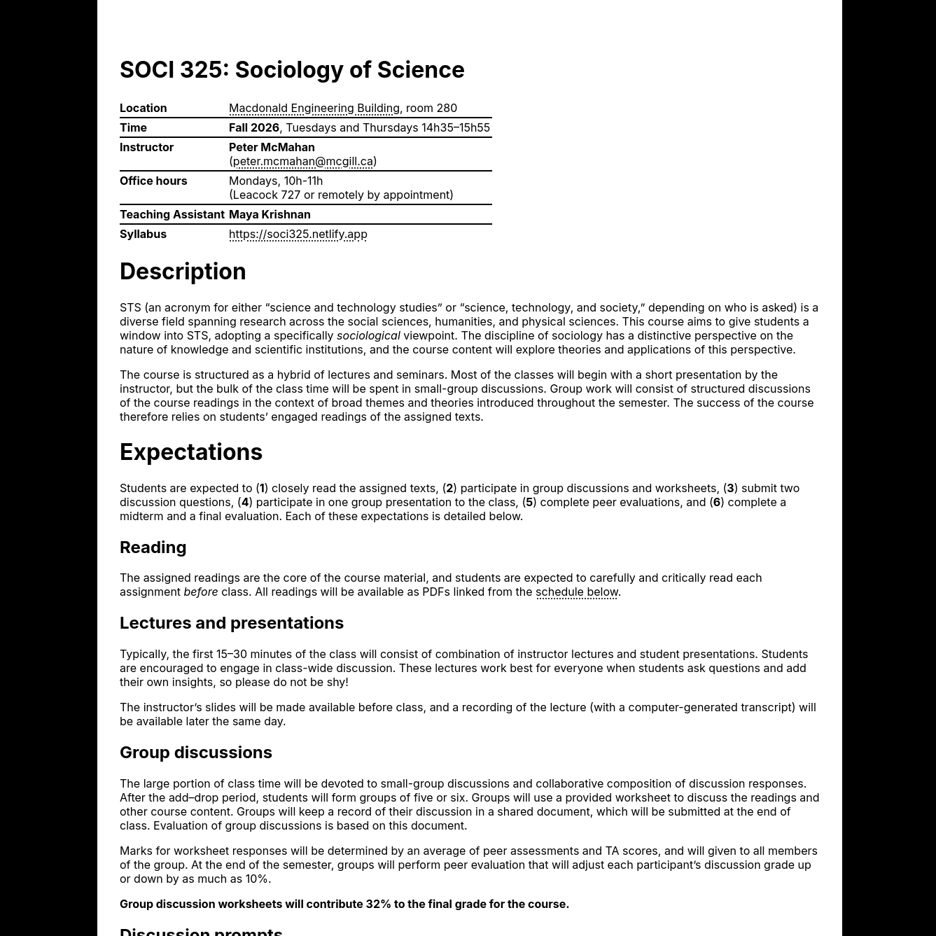 Screenshot of the course syllabus