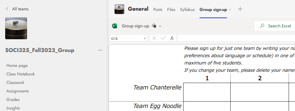 Screenshot of Microsoft Teams, showing the embedded "Group sign-up" tab