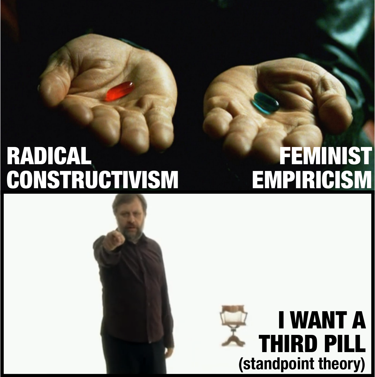 Top panel: two hands outstretched, one offering a red pill and the other offering a blue pill. The red pill is labeled 'radical constructivism' and the blue pill is labeled 'feminist empiricsm.' Bottom panel: a man (Zizek) standing in front of a chair with a completely white background, pointing at the camera. This panel is labeled 'I want a third pill (standpoint theory)'