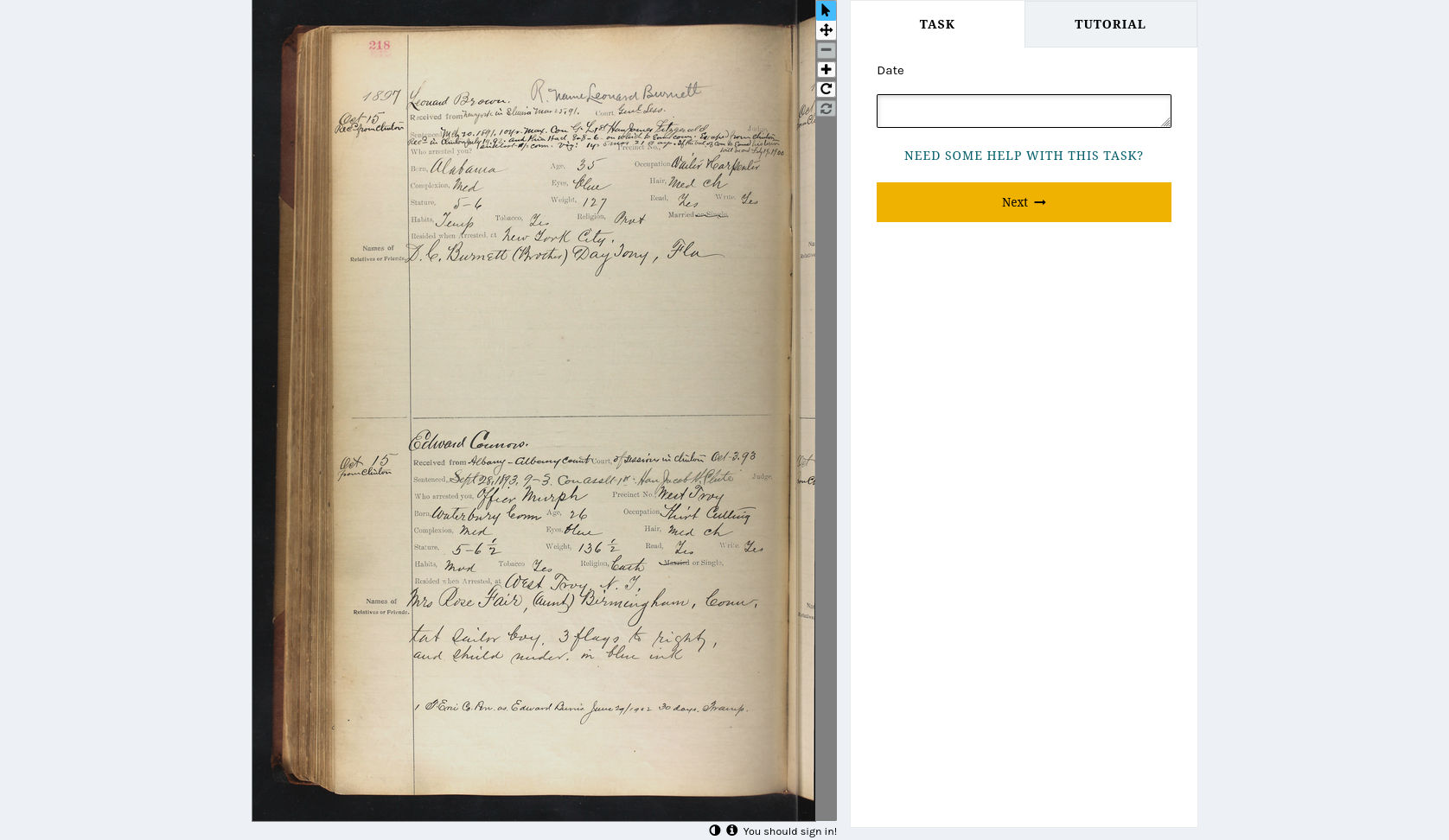 screenshot of a webpage showing an image of an old, (19th century), hand-written log book. next to it is a text entry field prompting the user to enter a date from the image